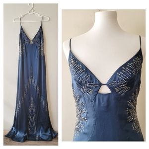 Badgley Mishka Beaded Embelished Slip Maxi Dress in Muted Blue